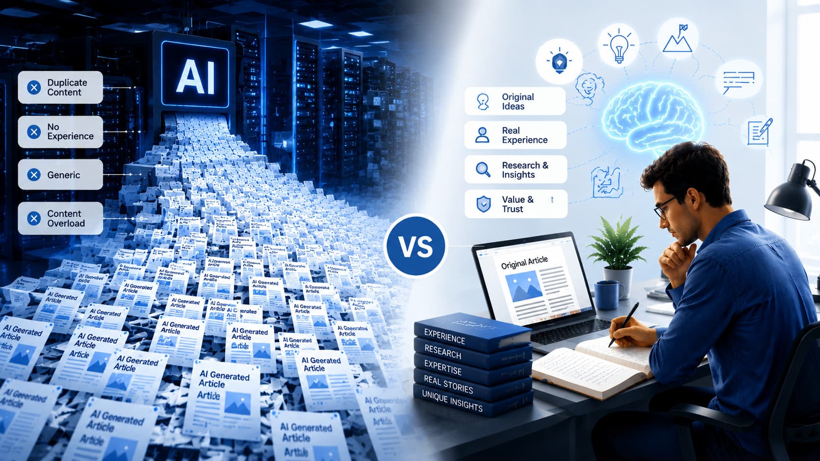 A comparison of mass automated articles versus human expertise, explaining why original content wins over AI content spam.