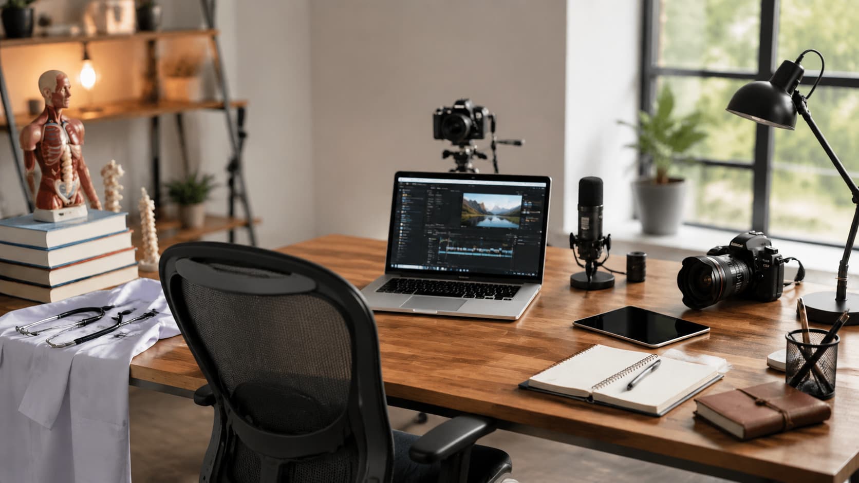 A modern desk setup with medical books and a camera, illustrating Ali Abdaal’s creator journey from doctor to entrepreneur.
