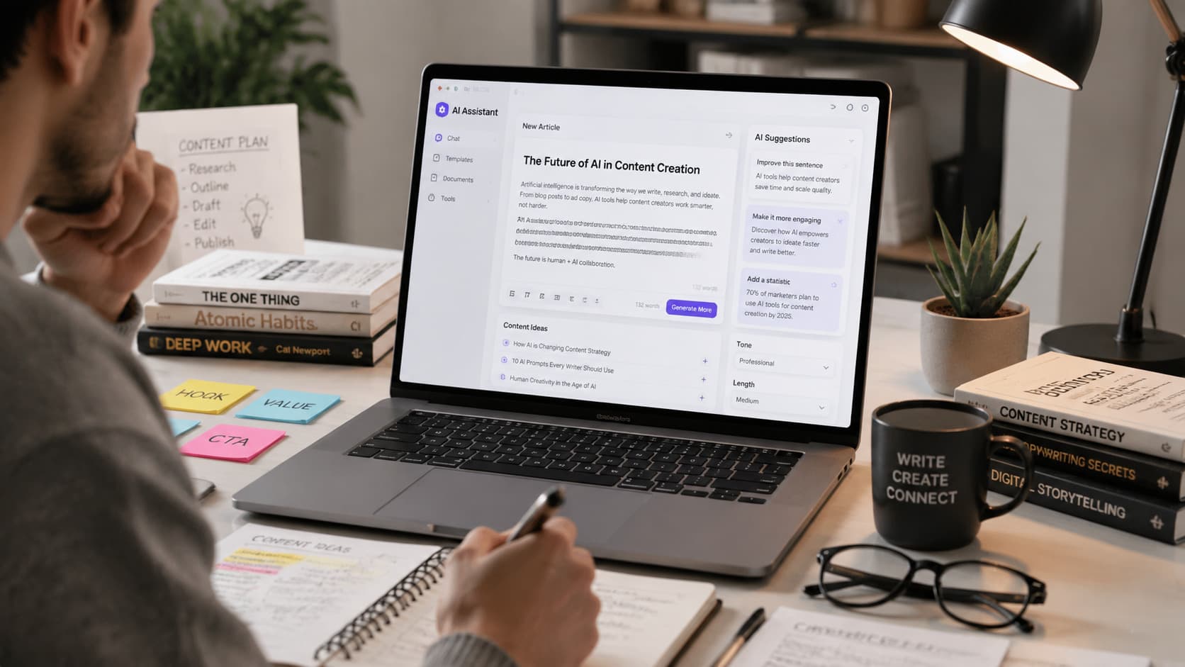 A writer working on a laptop using the best AI writing assistant to create and edit content.
