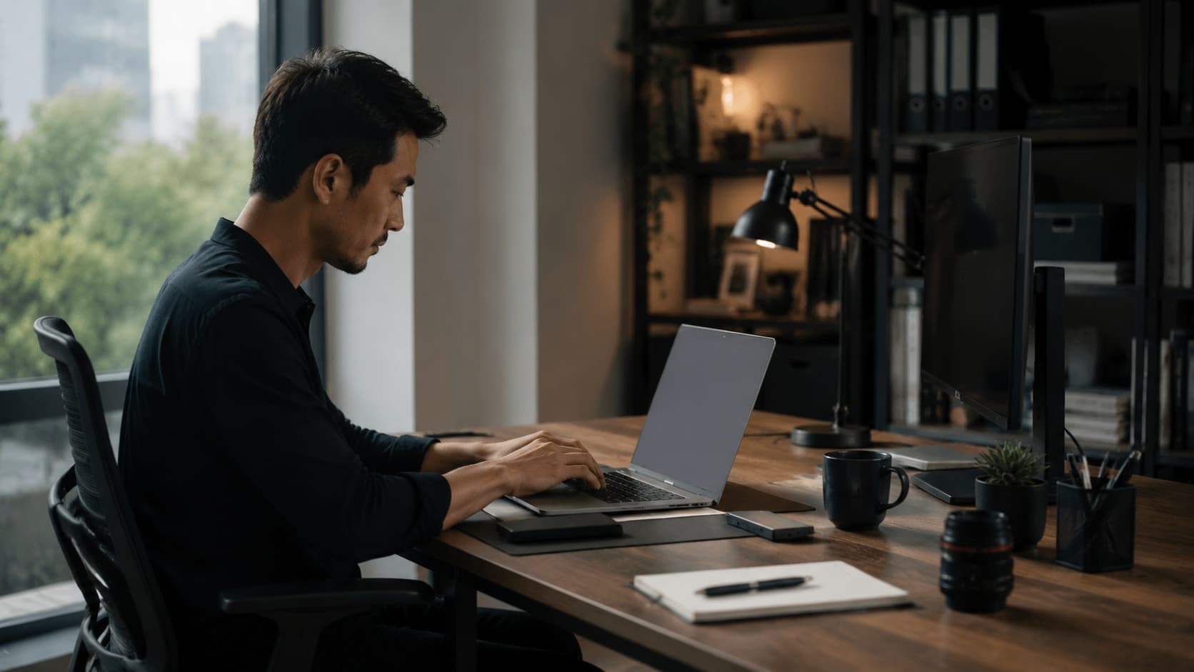 A freelancer working at a modern desk with the best laptop for freelancers.