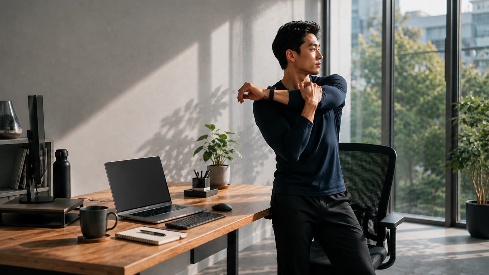 A desk worker taking a stretching break using desk exercises that relieve neck pain and boost productivity.