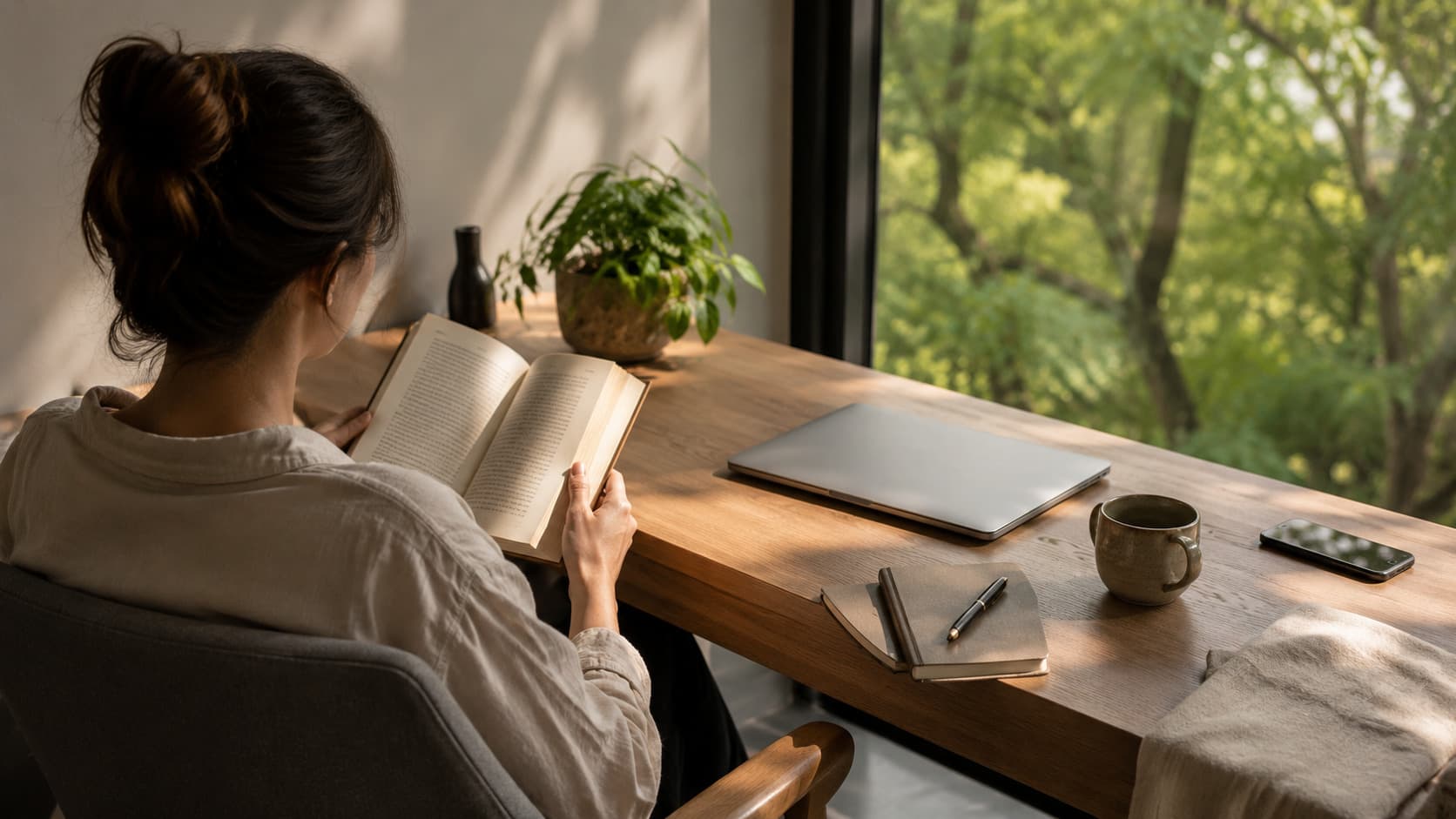 A person reading a book at a clean desk away from devices, illustrating a digital detox guide to reclaim your time.