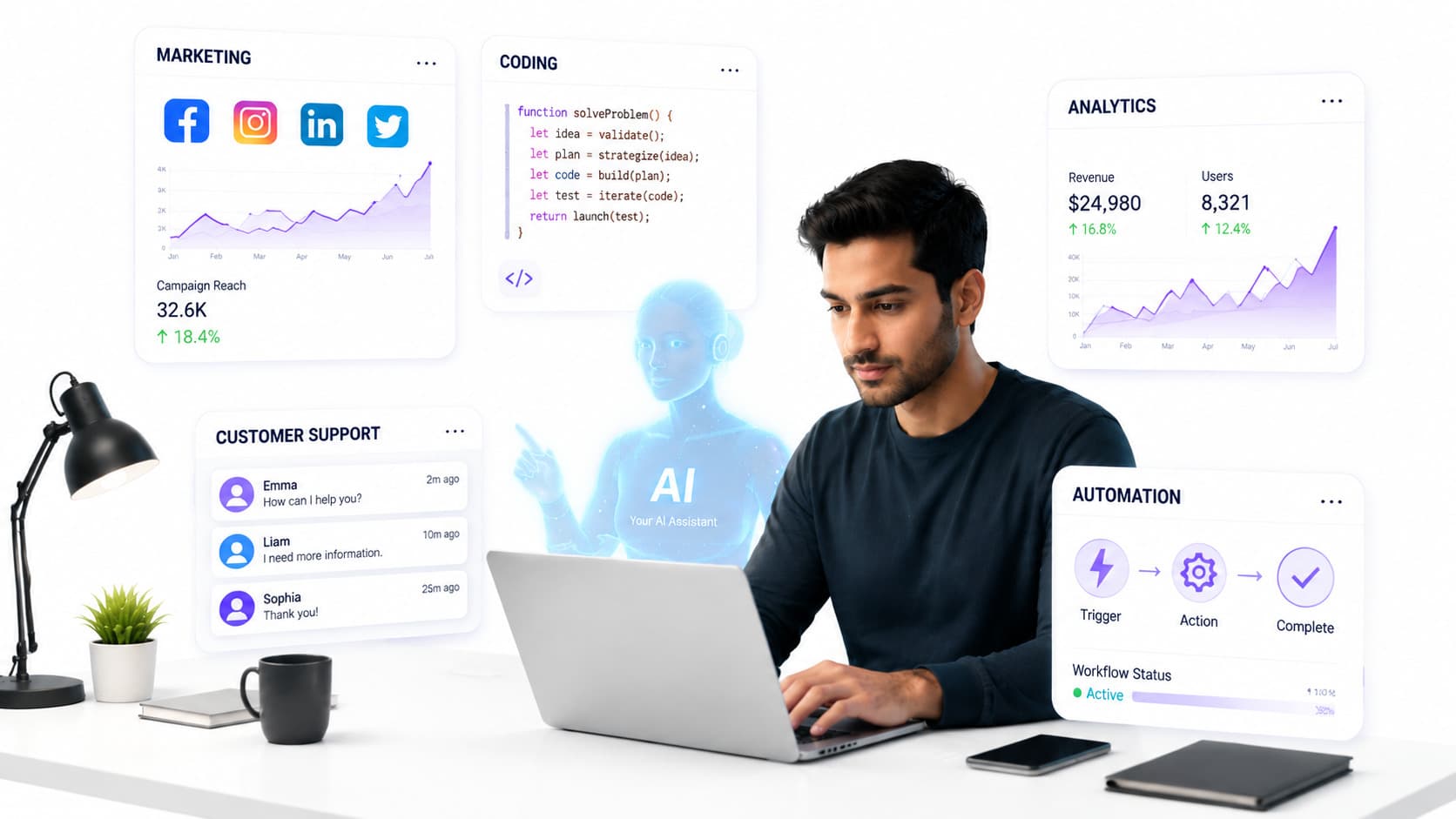 A solo founder at a laptop using automation dashboards, showing how AI is powering the modern one-person company.