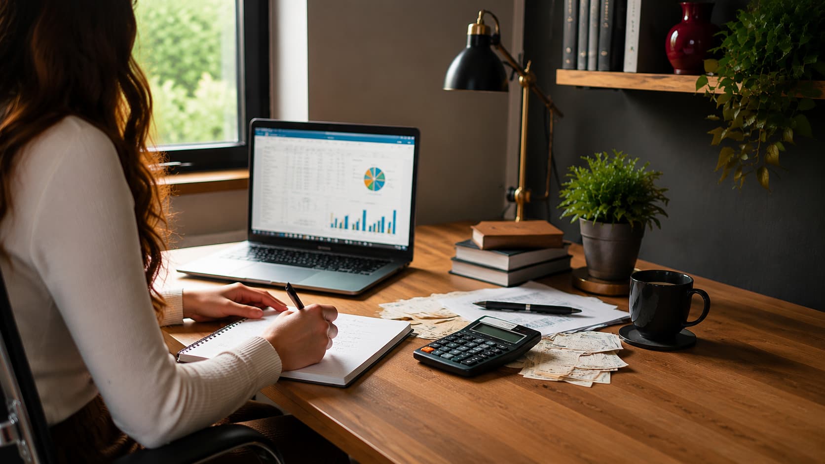 A freelancer reviewing bank statements and following a monthly financial checklist for freelancers.