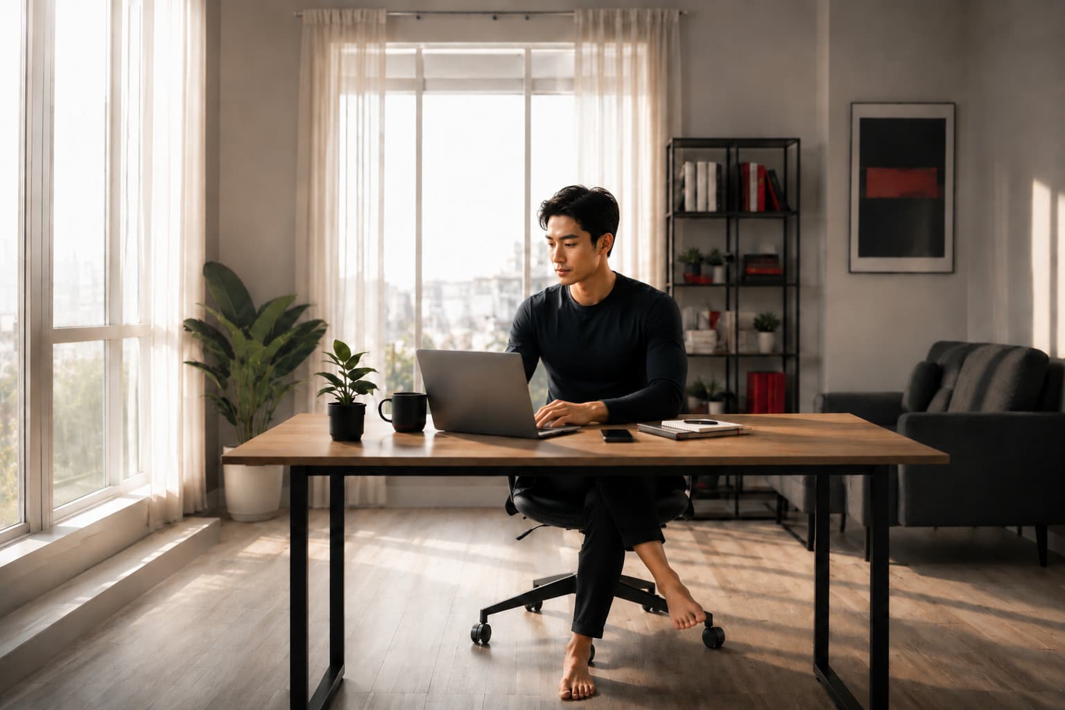 A freelancer working at an organized home desk with work life balance tips for freelancers to prevent burnout.