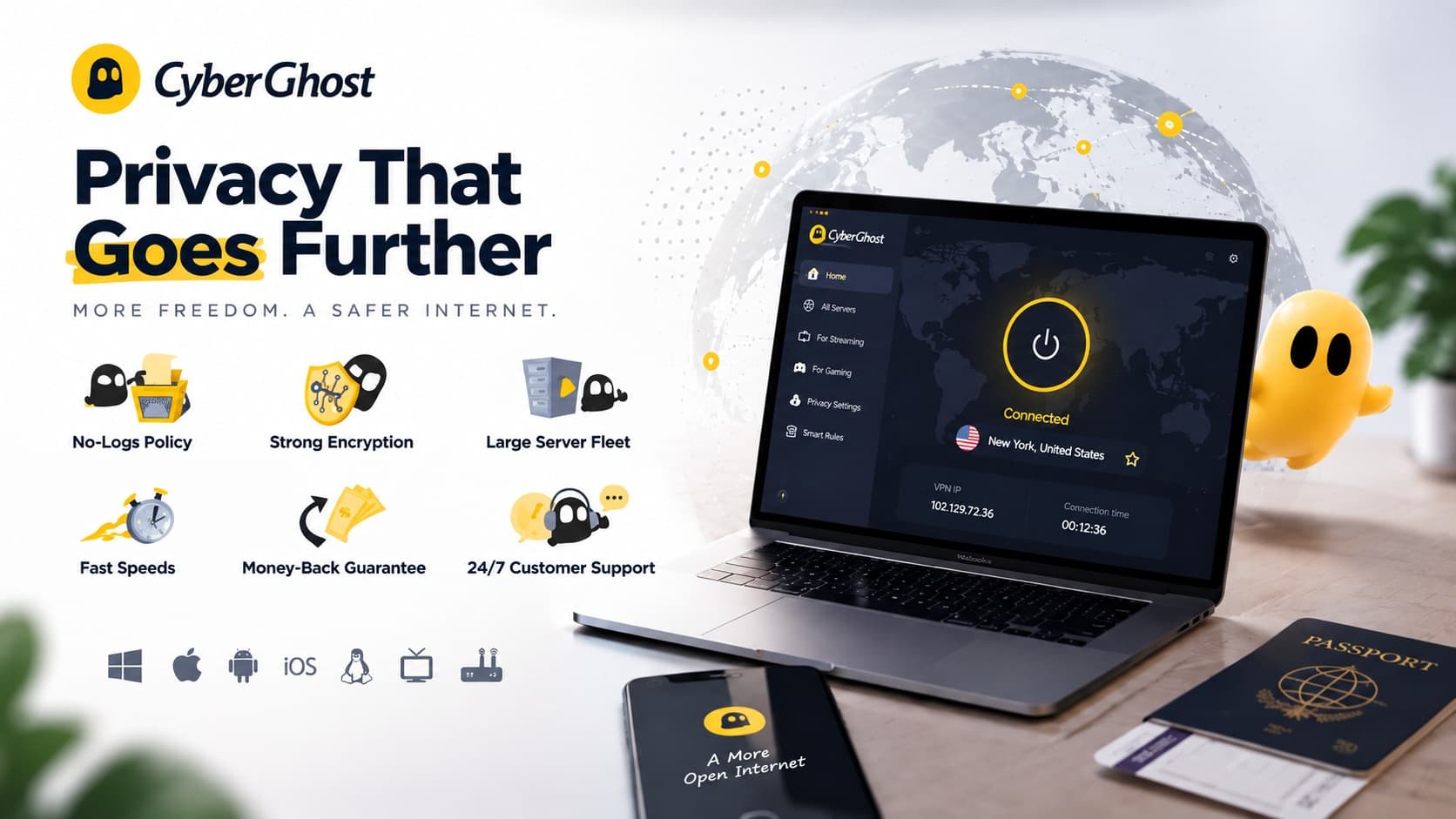 CyberGhost VPN review banner showing streaming and privacy optimized servers