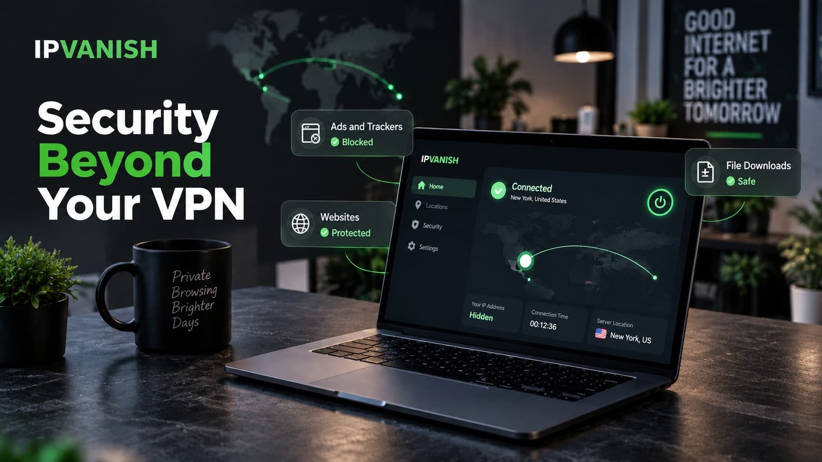 IPVanish VPN review featured banner showing fast connection speeds and unlimited devices