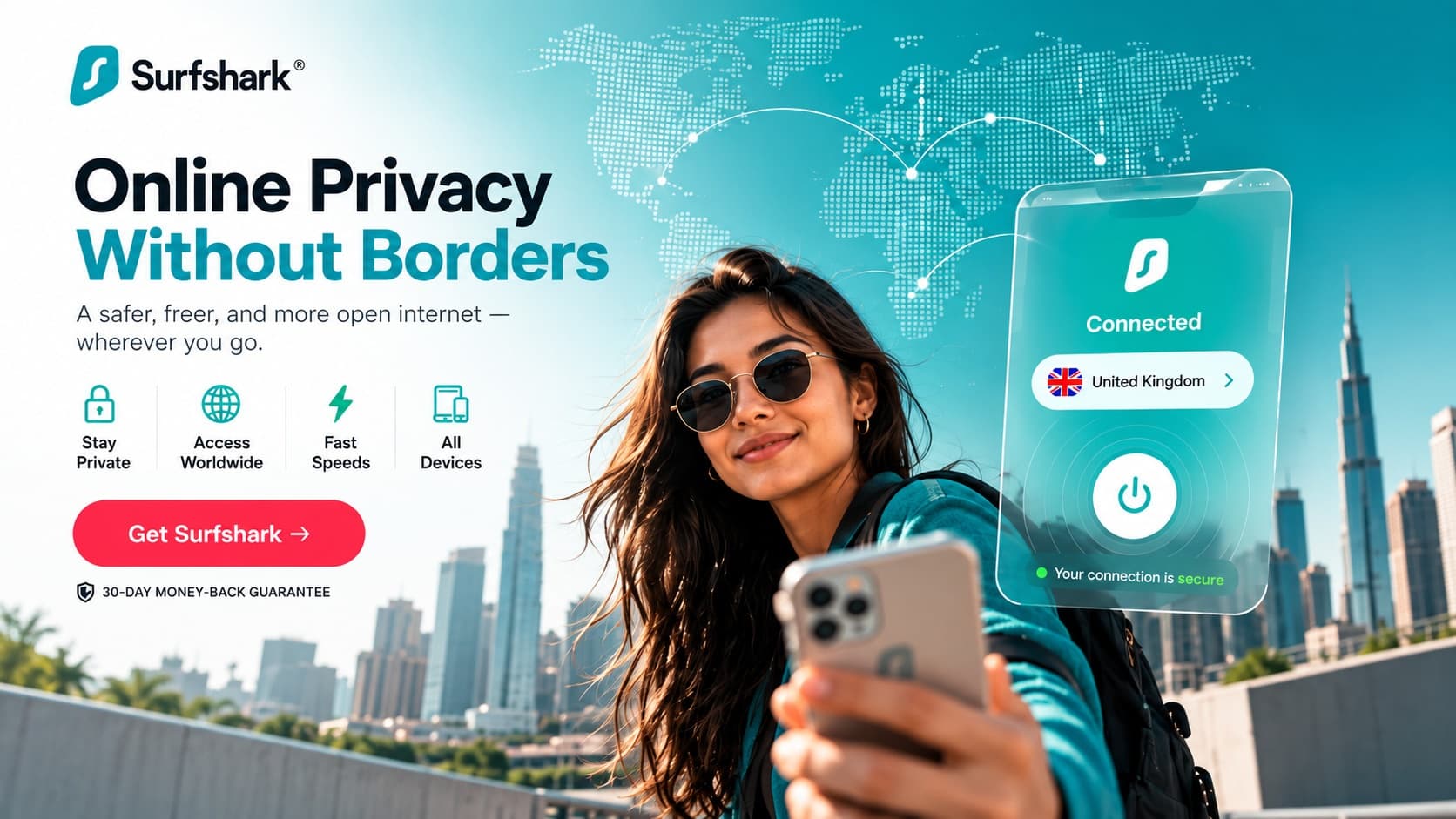 Surfshark VPN review featured graphic highlighting unlimited simultaneous connections