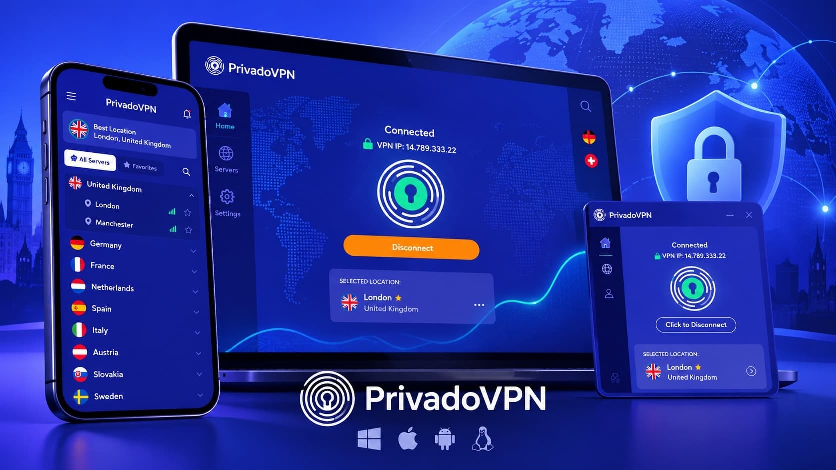 PrivadoVPN review 2026 dashboard showing Swiss server locations, security tools, and WireGuard connection